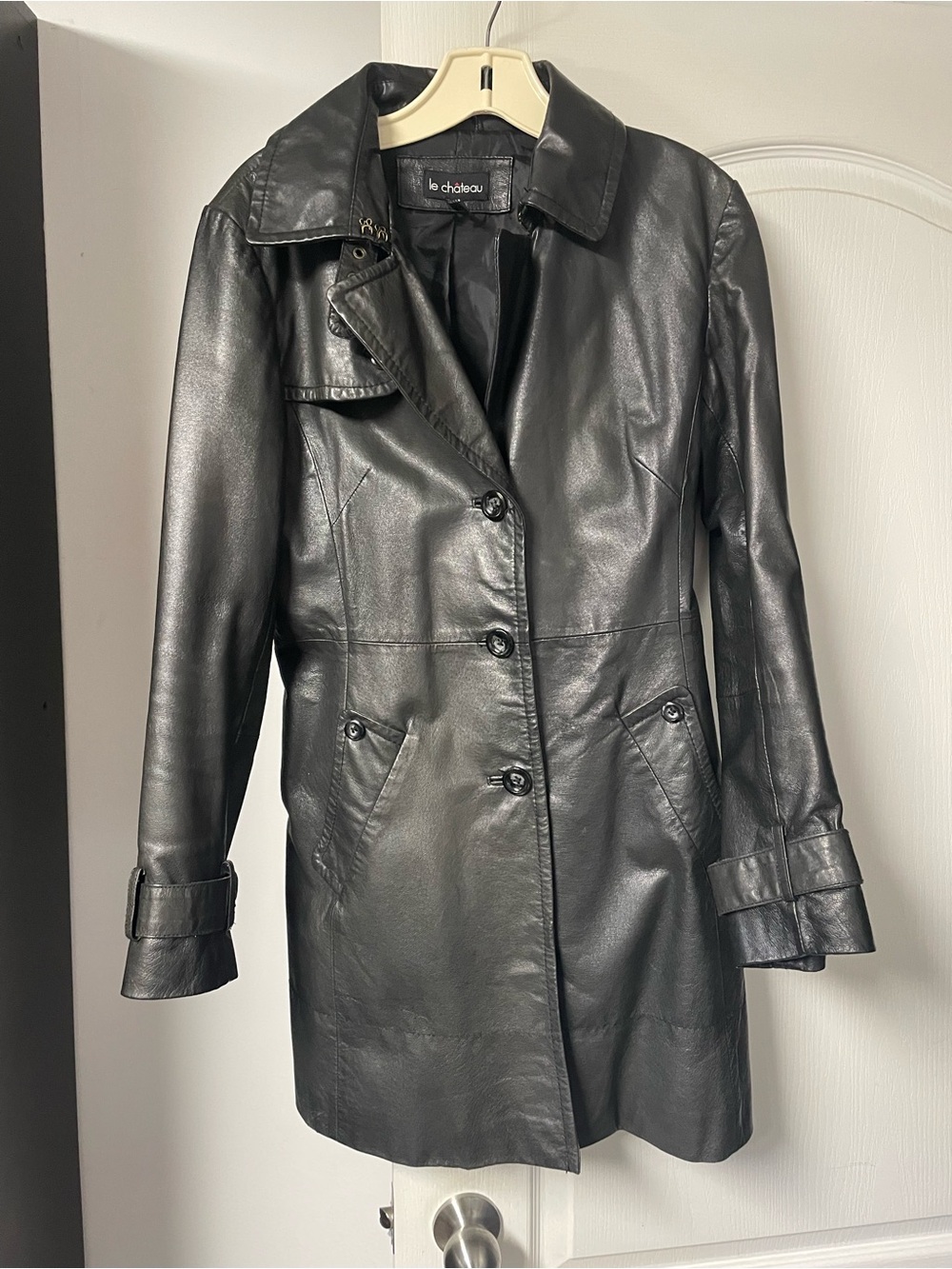 le chateau Black Leather Button-Front Coat
